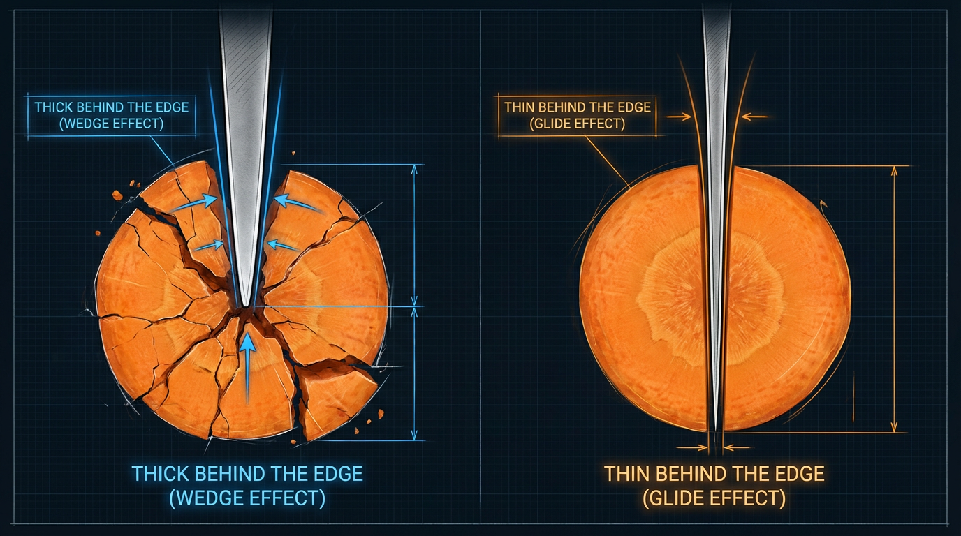 Knife geometry diagram showing wedging vs gliding