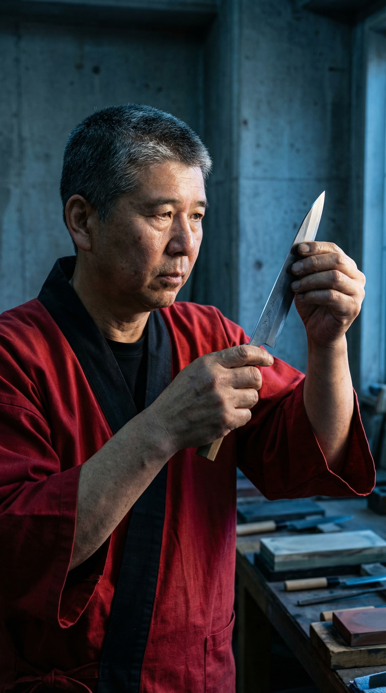 Master Togishi inspecting knife